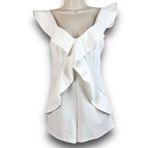 LUXXEL White Ruffle Romper One Piece Shorts Outfit Jumper Flutter Sleeves Small - Picture 1 of 8